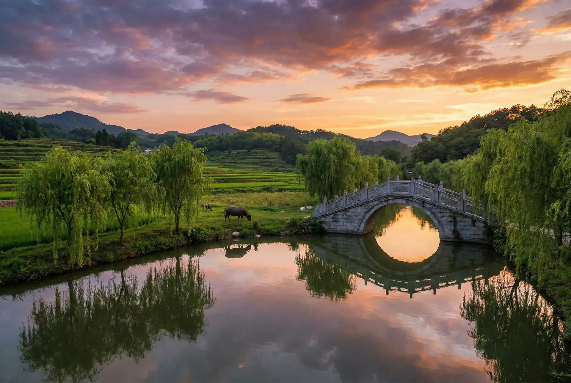 夕阳下的石拱桥与垂柳，水牛在河边吃草 - 电视app 乡村美景